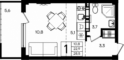 Студия, 22.9 м²