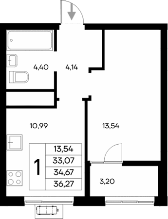 1-комн., 33.07 м²