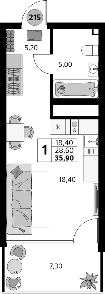 Студия, 28.6 м²