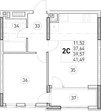 1-комн., 37.64 м²