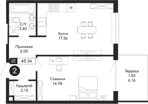 2-комн., 43.49 м²