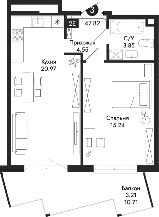2-комн., 44.61 м²