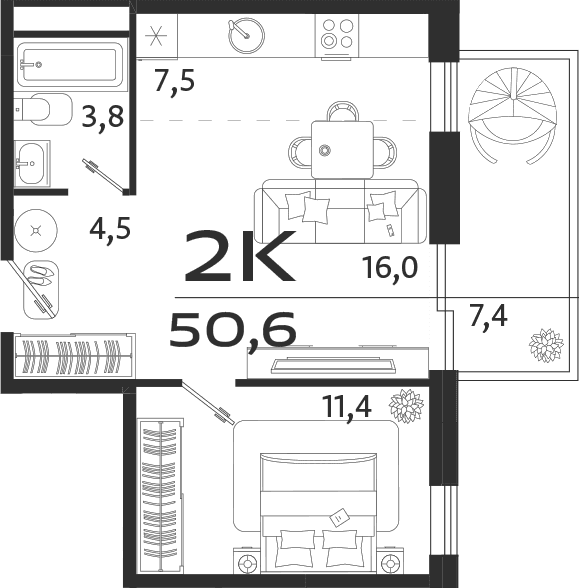 2-комн., 43.2 м²