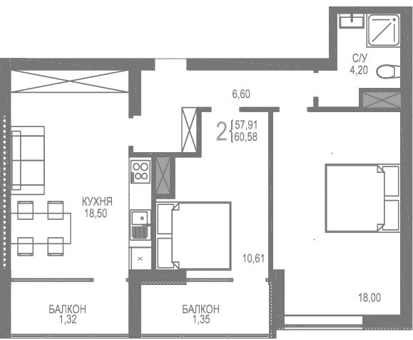 2-комн., 57.91 м²