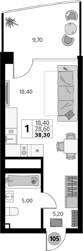 Студия, 28.6 м²