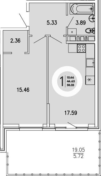 1-комн., 44.63 м²
