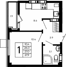 1-комн., 26 м²