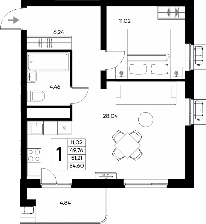 1-комн., 49.76 м²