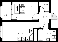 1-комн., 38.22 м²