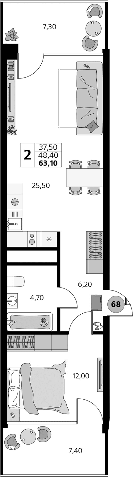 2-комн., 48.4 м²