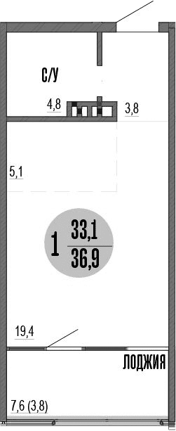 Студия, 33.1 м²