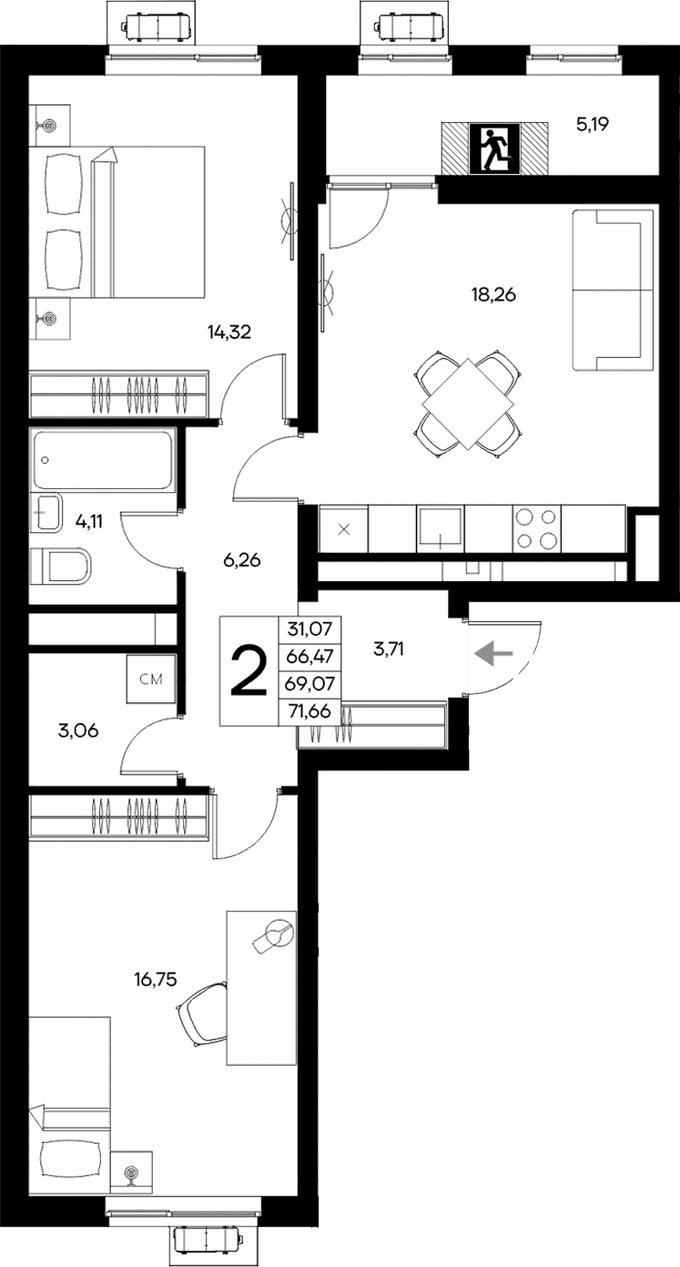 2-комн., 66.47 м²