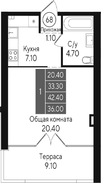 Студия, 33.3 м²