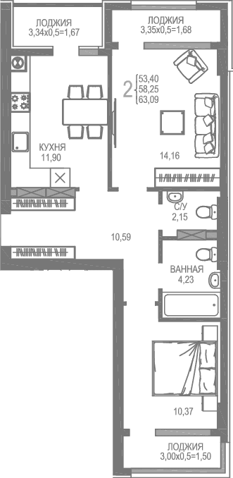 2-комн., 53.4 м²
