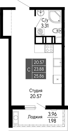 Студия, 23.88 м²