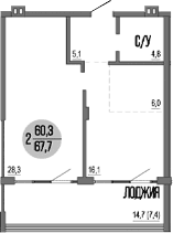 2-комн., 60.3 м²