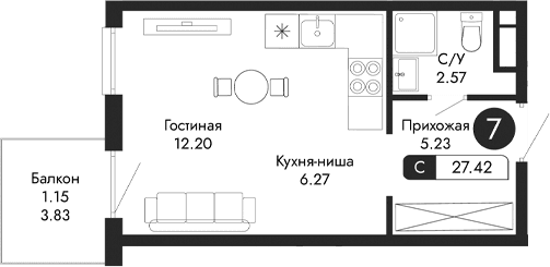 Студия, 26.27 м²