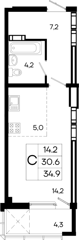 Студия, 30.6 м²