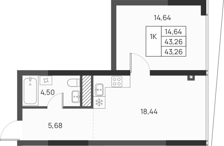 1-комн., 43.26 м²