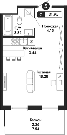 Студия, 29.69 м²