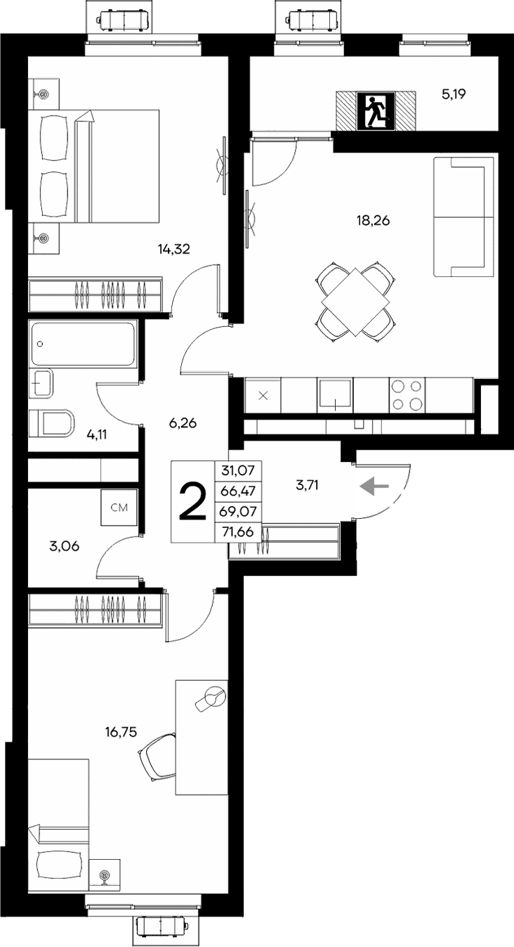 2-комн., 66.47 м²