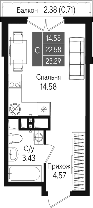 Студия, 22.58 м²