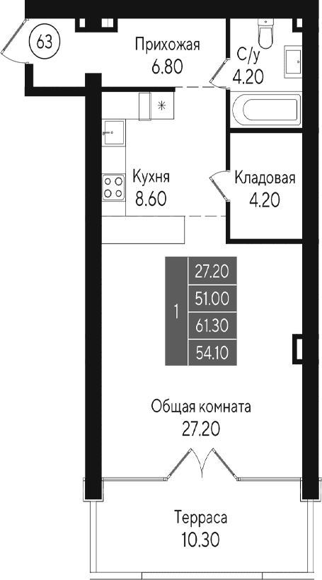 Студия, 51 м²