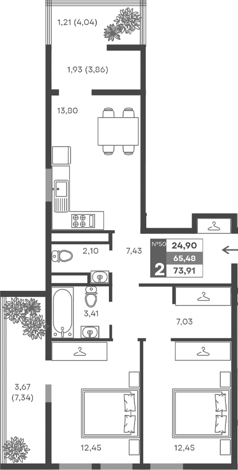 2-комн., 58.67 м²