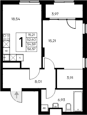 1-комн., 52.6 м²