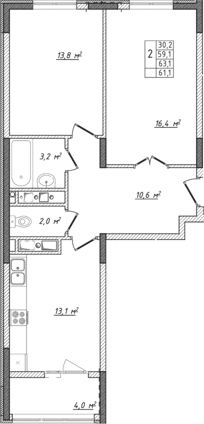 2-комн., 59.1 м²