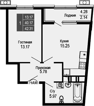 2-комн., 40.17 м²