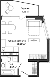 Студия, 33.29 м²