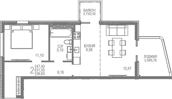 2-комн., 52.35 м²