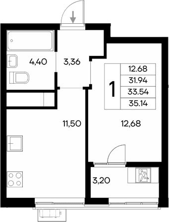 1-комн., 31.94 м²