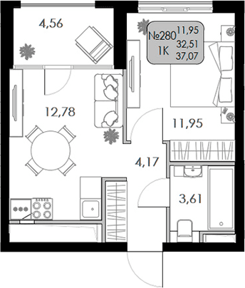 1-комн., 32.51 м²