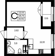 Студия, 28.75 м²