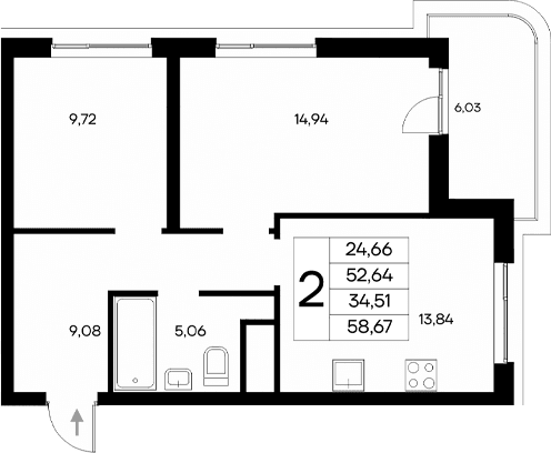2-комн., 52.64 м²