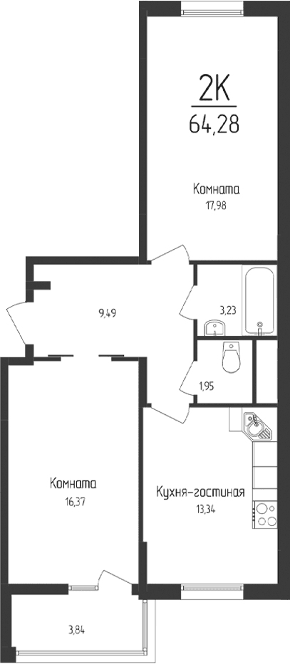 2-комн., 62.36 м²