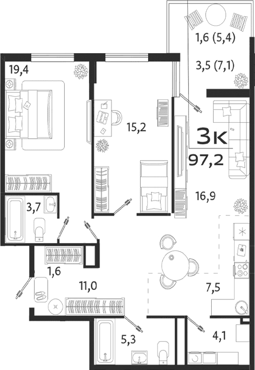 3-комн., 84.2 м²