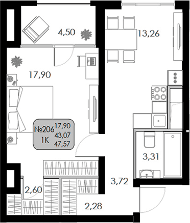 1-комн., 43.07 м²