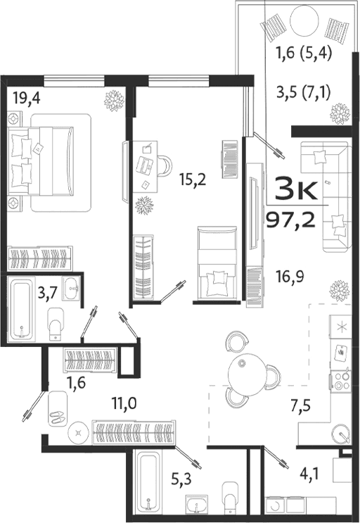 3-комн., 84.2 м²