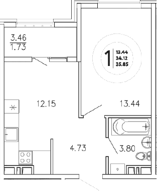 1-комн., 34.12 м²