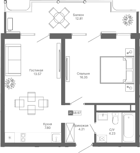 2-комн., 46.16 м²