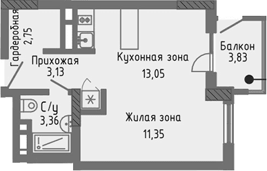 Студия, 33.64 м²