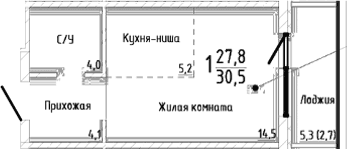 Студия, 27.8 м²