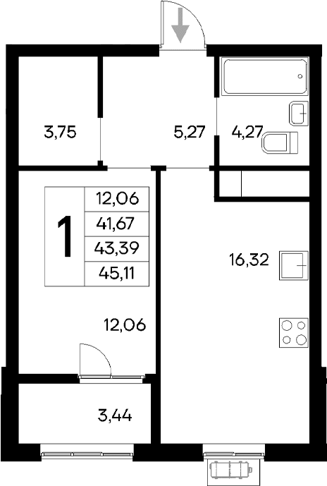 1-комн., 41.67 м²