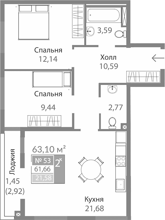 2-комн., 60.21 м²