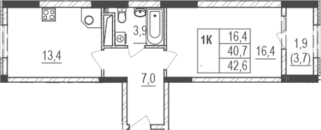 1-комн., 40.7 м²