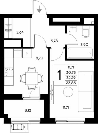 1-комн., 30.73 м²