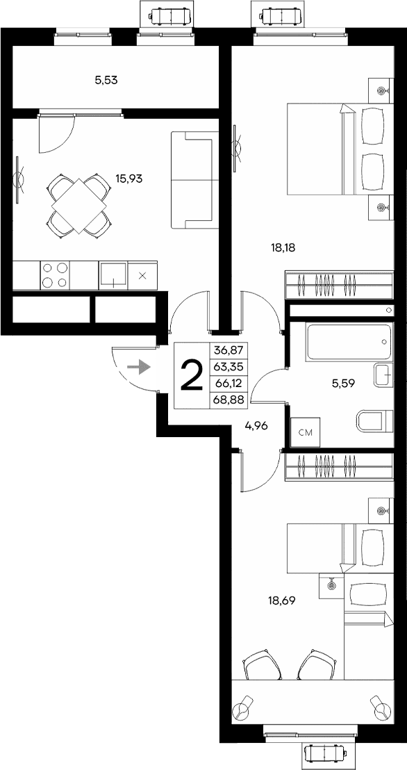 2-комн., 63.35 м²